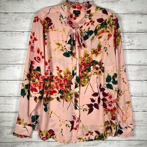 Worthington Soft Pink Floral Button Front Tie Neck Ruffle Trim Blouse Top 1X